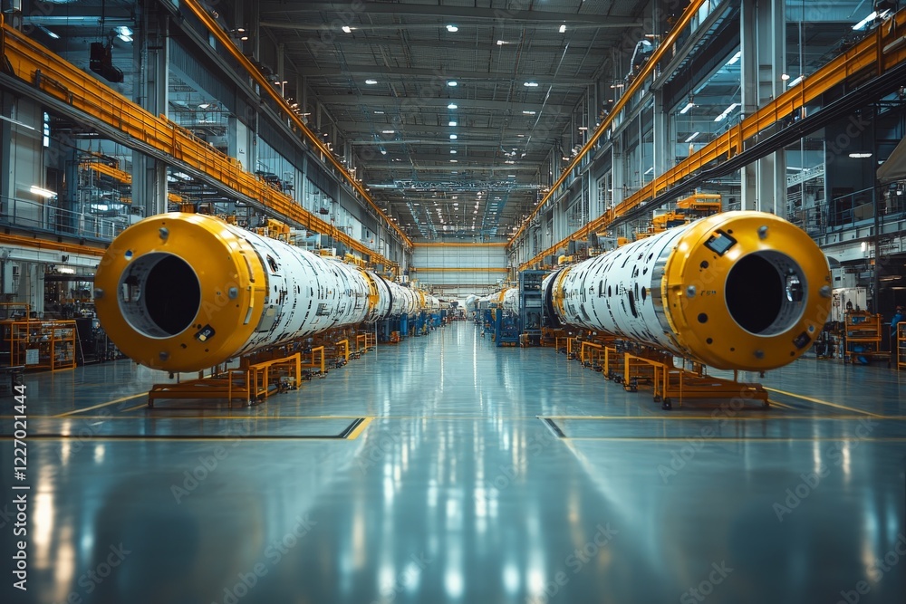 Poster rocket manufacturing facility showcasing advanced technology and streamlined production processes in