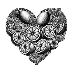heart made from lemons, lemon slices, leaves, and flowers, symbolizing freshness, nature, and citrus-inspired love sketch engraving generative ai PNG illustration. Scratch board. Black and white.