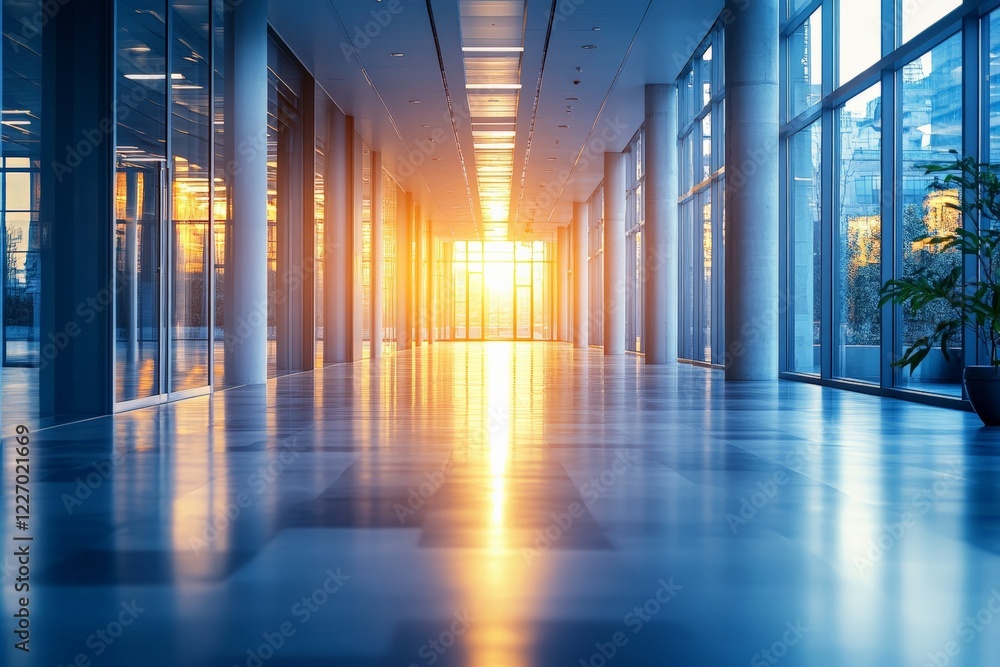 Poster sunset illuminating a modern hallway in an office building with expansive glass windows