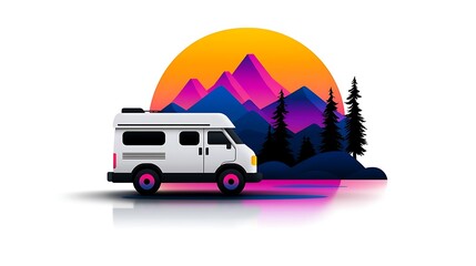 Obraz premium Retro Camper Van at Sunset in the Mountains