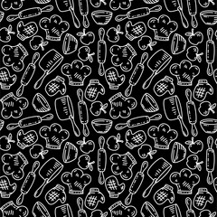 Kitchen utensils seamless pattern background. kitchen set seamless pattern background. hand drawn doodle of kitchen set pattern background. Doodle illustrations of cooking utensils seamless pattern.