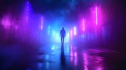 man walking alone in neonlit rain