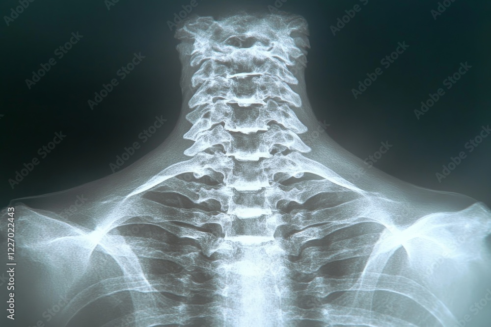Poster detailed x-ray of the human cervical spine showing vertebrae alignment and health status in a clinic
