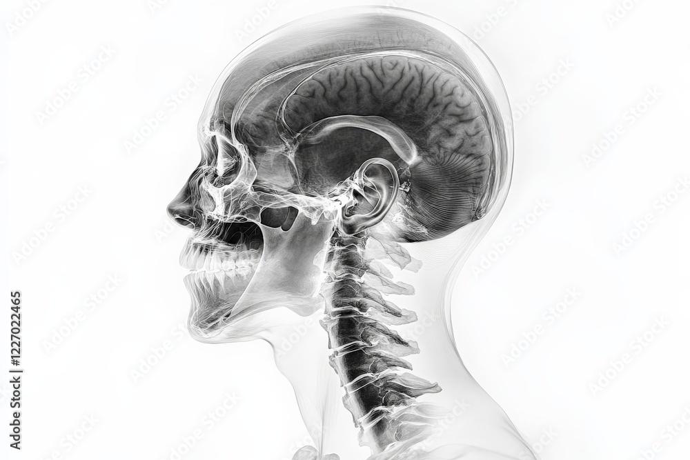 Aufkleber detailed profile view of a human skull and brain anatomy showing facial features and cervical spine 