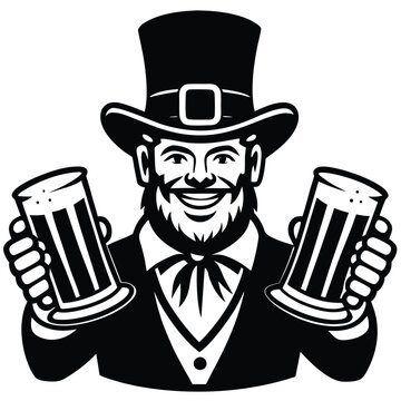 leprechaun holding beer mugs, black and white clip art preview