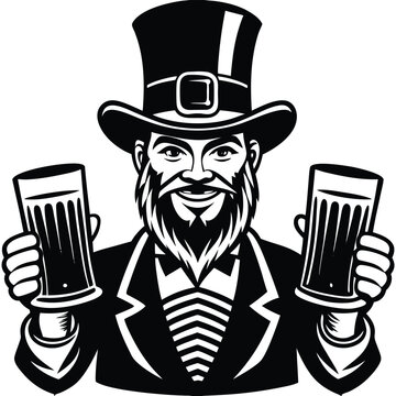 leprechaun holding beer mugs black and white clip art preview