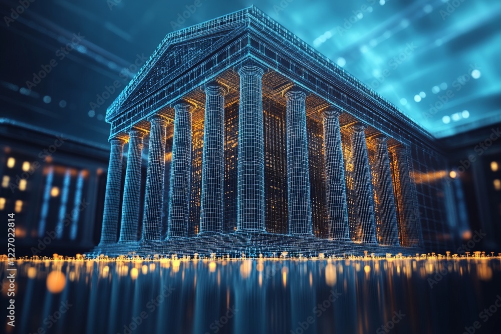 Poster digital representation of a neoclassical building illuminated in a futuristic cityscape at night