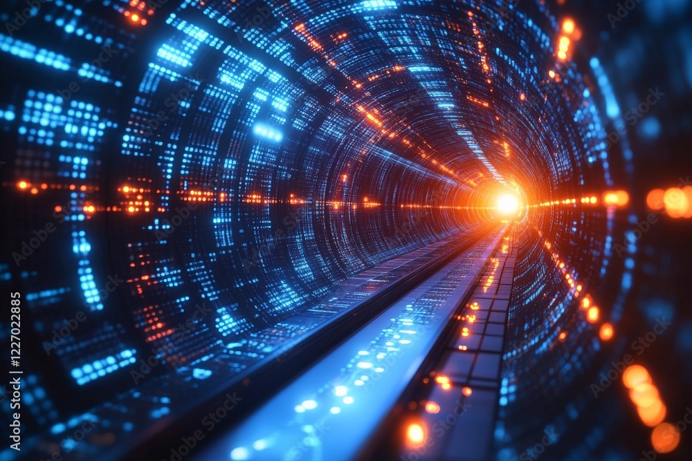 Fototapete visual representation of a futuristic tunnel with glowing lights and a bright focal point at the end