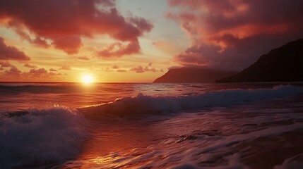 Beautiful seascape with orange and red hues at sunset, featuring ocean waves and clouds