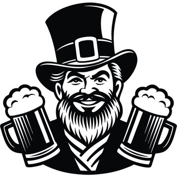 leprechaun holding beer mugs black and white clip art preview