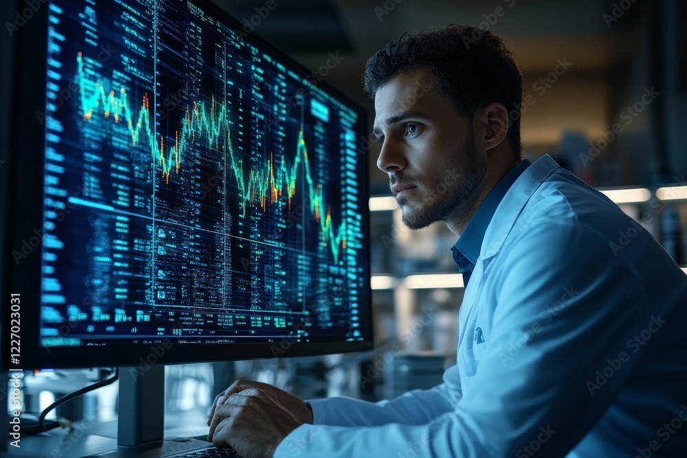 Poster young professional analyzes financial data on a computer screen in a modern office setting during ev