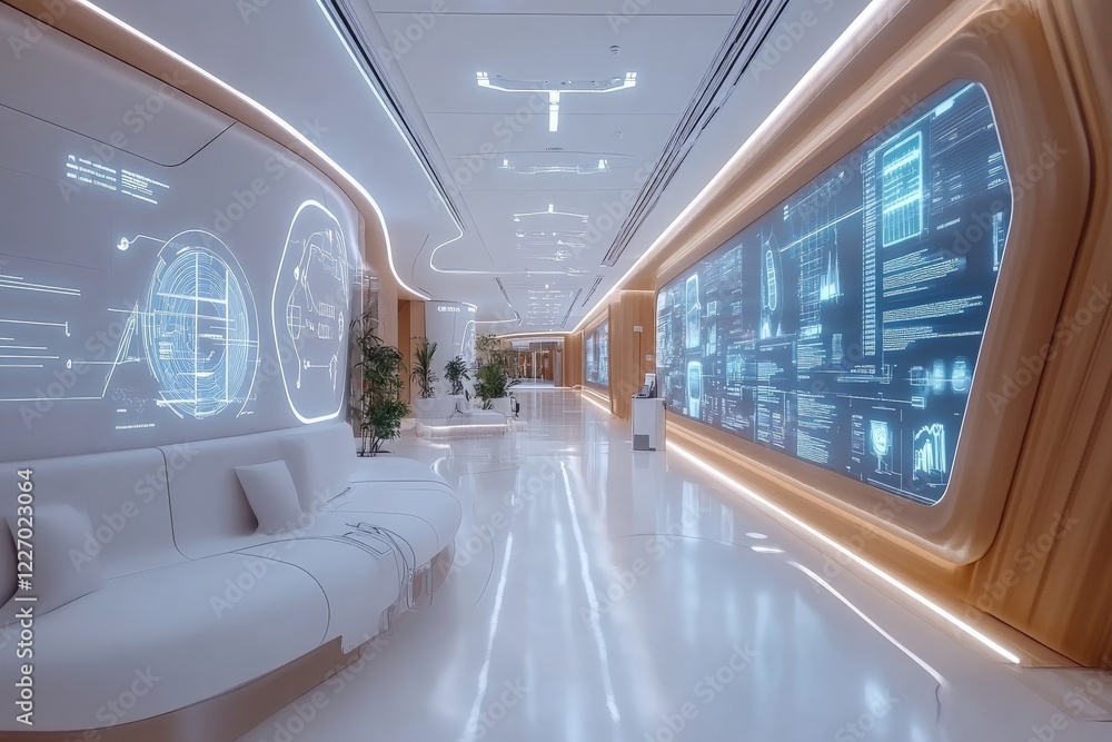 Poster Modern futuristic corridor with digital displays and sleek design in a contemporary building