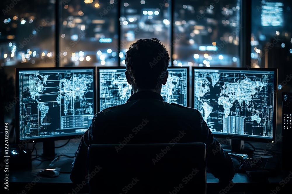 Aufkleber technician analyzing global data on multiple screens at night in a high-rise office