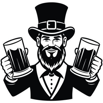 leprechaun holding beer mugs black and white clip art preview