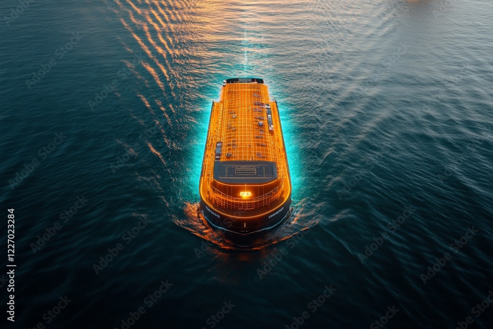 Poster innovative ship with glowing features sailing on tranquil waters during twilight hours
