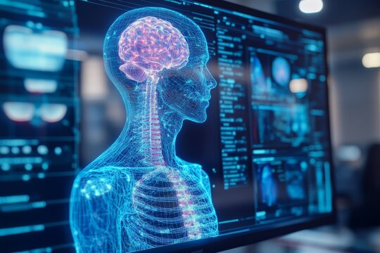 Digital representation of a human brain and spine showcasing medical technology and analysis in a modern healthcare setting