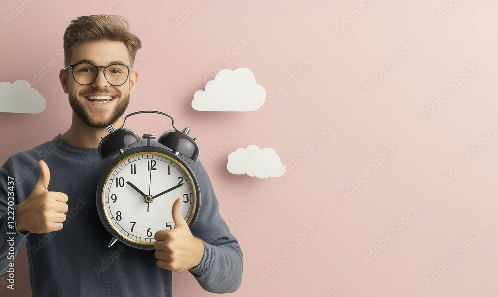 Wall mural Happy young holding vintage clock showing thumbs up on pink wall