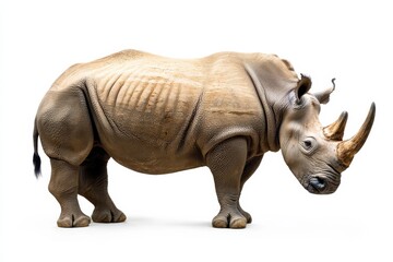Fototapeta premium A majestic rhinoceros stands against a stark white background.