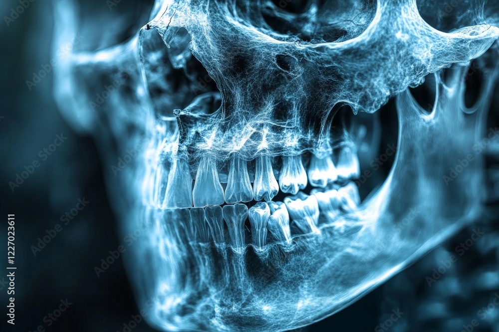 Poster x-ray depiction of a human skull revealing intricate bone structure in a dark background