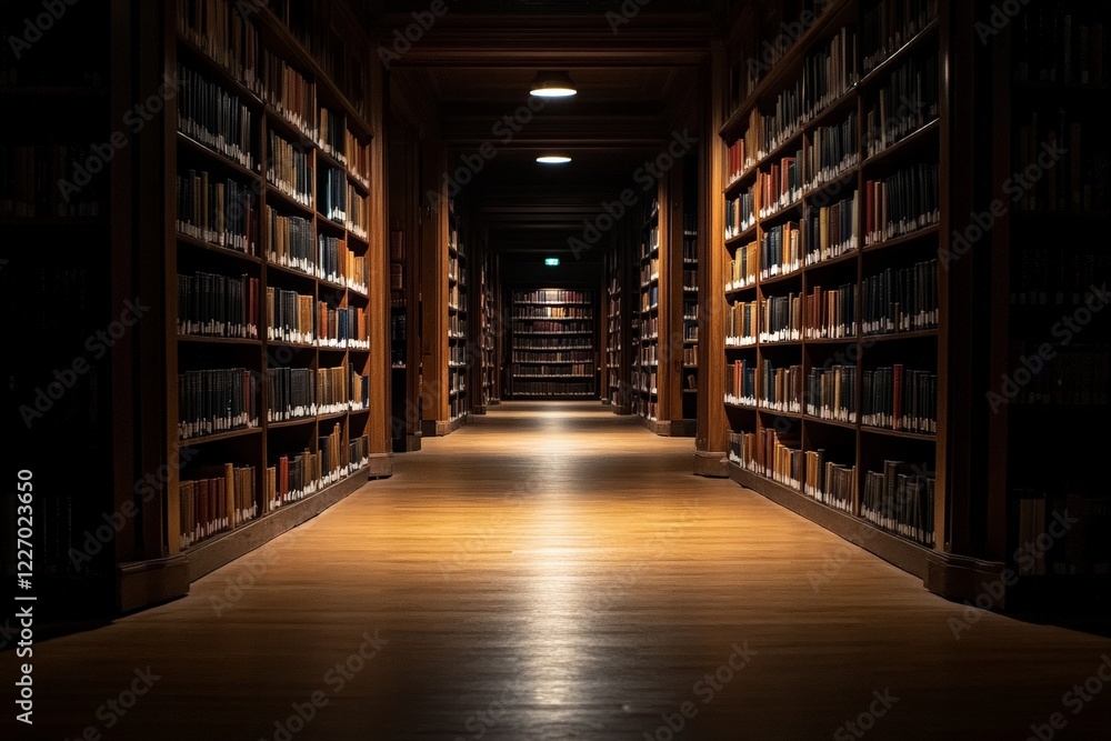 Poster dimly lit library hallway with bookshelves creating a mysterious atmosphere at night