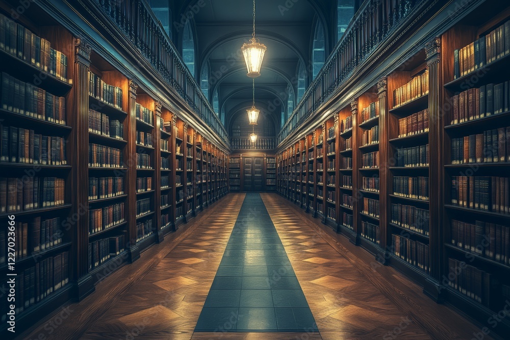 Poster enchanting library corridor with wooden shelves and warm lighting creating an inviting study atmosph