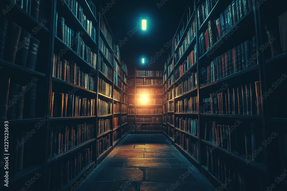 Poster Light filtering through bookshelves in a dimly lit library at dusk creates a warm and inviting atmosphere