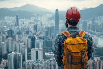 Obraz premium Worker with safety helmet overlooks city skyline from elevated viewpoint during cloudy day