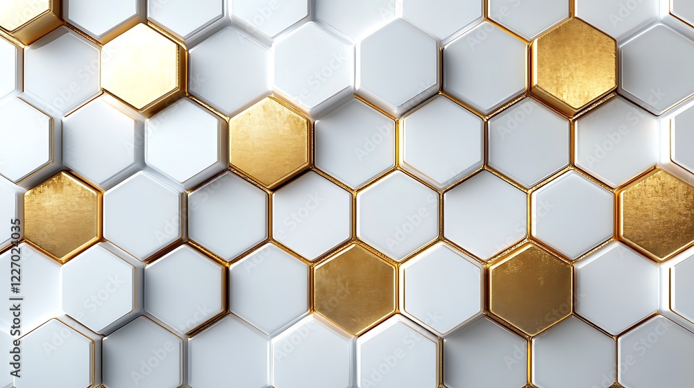 Poster 3d white and gold color hexagon tiles pattern shape background