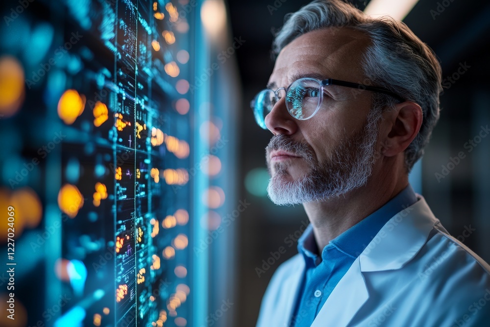 Poster Scientist analyzing data on a digital display in a high-tech laboratory at night