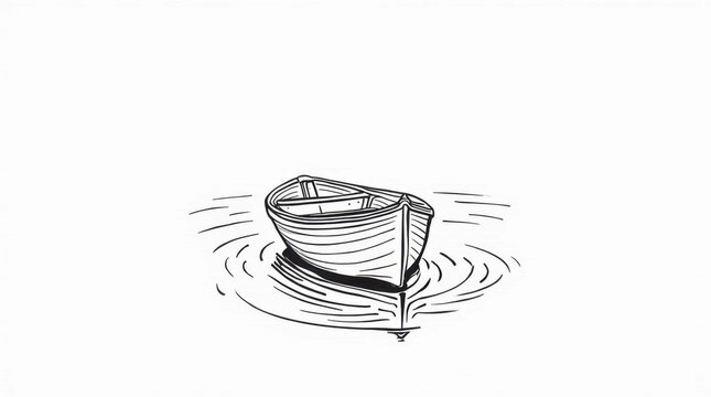 Elegant Black and White Line Art of a Rowboat on a Calm Lake
