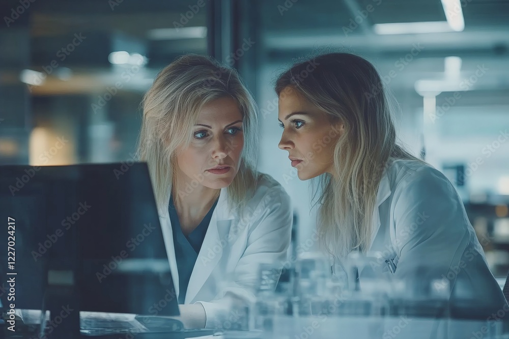 Leinwandbilder two professionals examining data on a computer screen in a modern laboratory setting during evening 