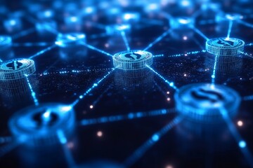 Digital currency network showing interconnected tokens and blockchain technology in a futuristic setting