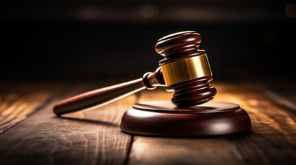 Courtroom gavel rests on wooden table with a warm glow at evening. Generative AI