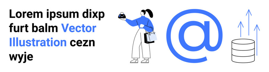 Obraz premium Woman examining object, carrying bag, large at-sign beside data storage and upward arrows. Ideal for tech topics, data sharing, emails, digital communication, e-commerce, databases flat landing page