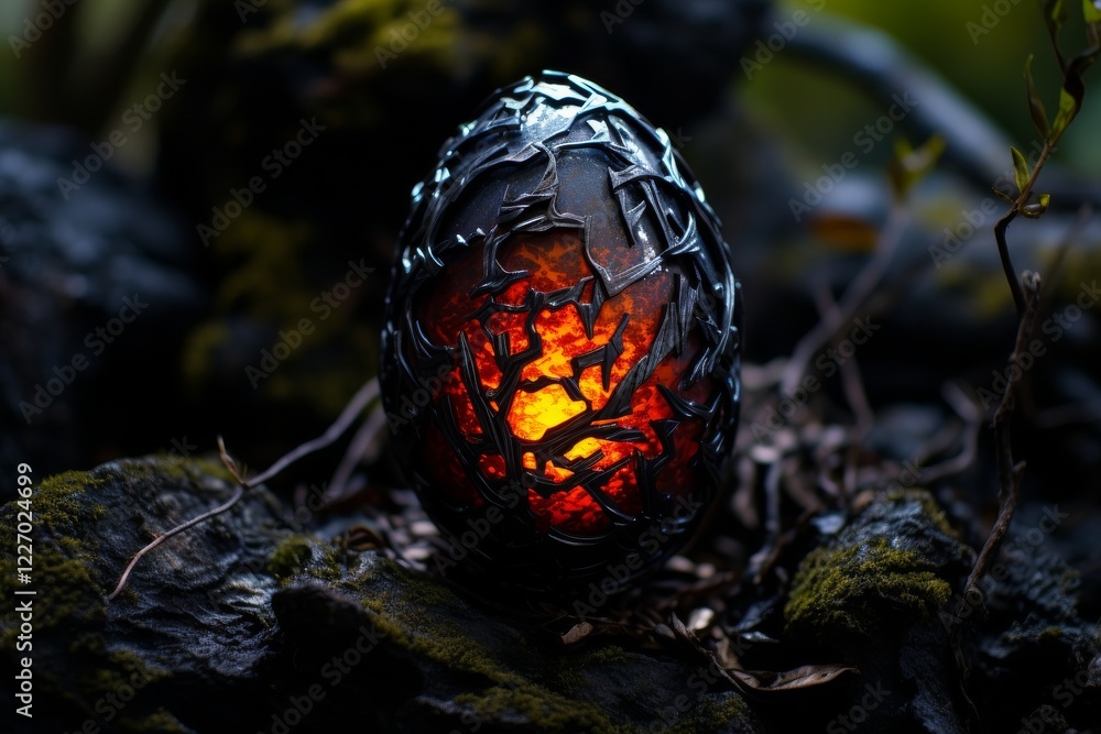 Poster mystical egg glowing in a dark forest setting during twilight hours. generative ai