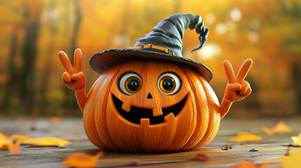 Cartoon groovy Halloween pumpkin character. Cheerful vector jack lantern personage with expressive eyes wearing a witch hat, flashing a peace sign, and smiling, showcasing a friendly and festive mood