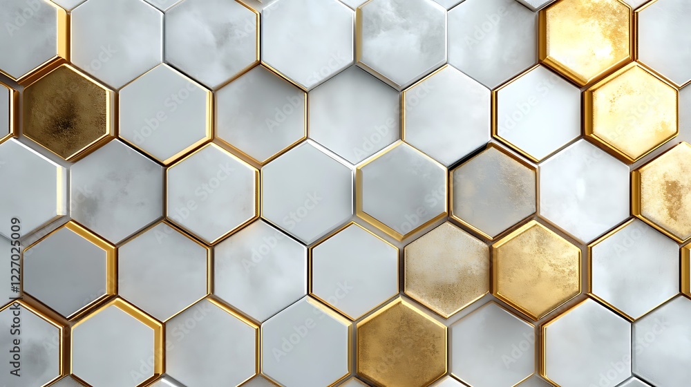 Aufkleber 3d white and gold color hexagon tiles pattern shape background