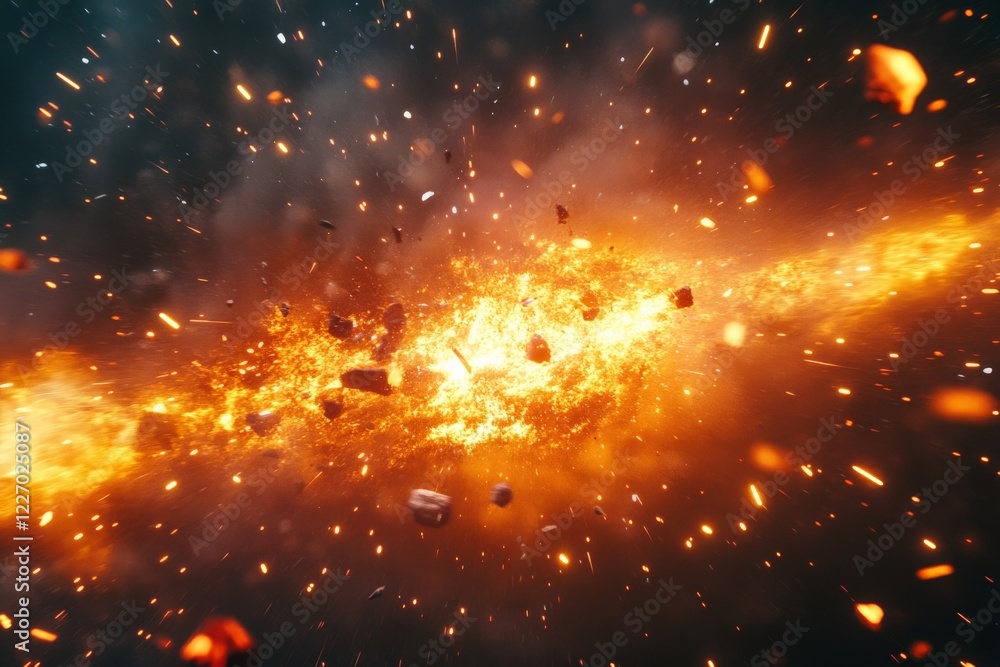 Poster fiery explosion in a cosmic landscape with debris and vibrant colors illuminating the space surround