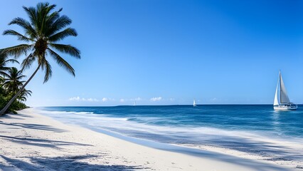 Fototapeta premium Idyllic tropical beach scene with white sand, palm trees, and sailboats on a clear turquoise ocean under a vibrant blue sky.