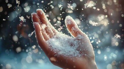 Fototapeta premium Hand holding sea salt with water drops and light reflections