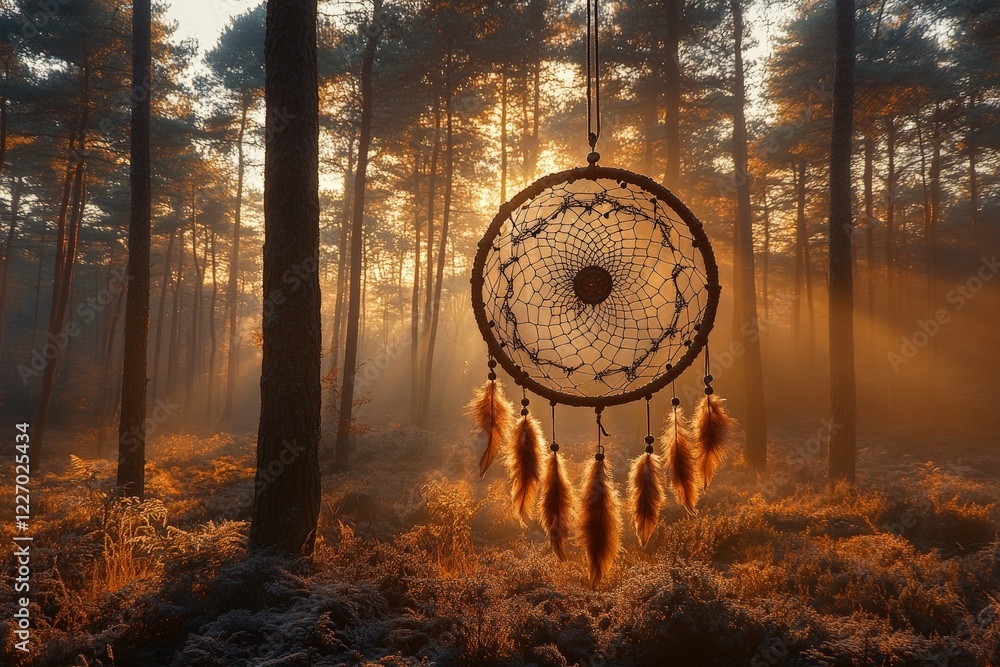 Poster dreamcatcher hanging in a misty forest during sunrise with soft sunlight filtering through trees