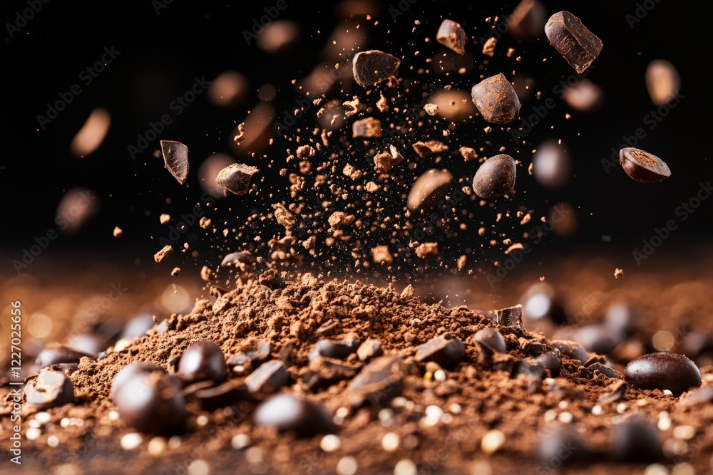 Poster coffee beans and ground coffee create a dynamic explosion of flavor and aroma in a creative setting