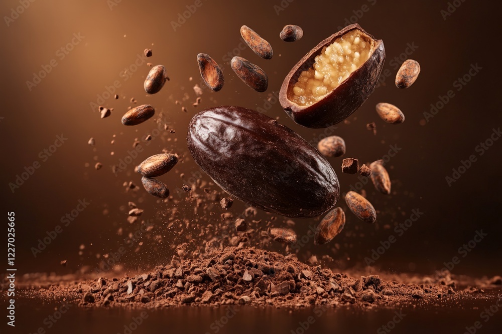 Poster rich chocolate cocoa beans and dust floating above a dark surface highlight the beauty of confection