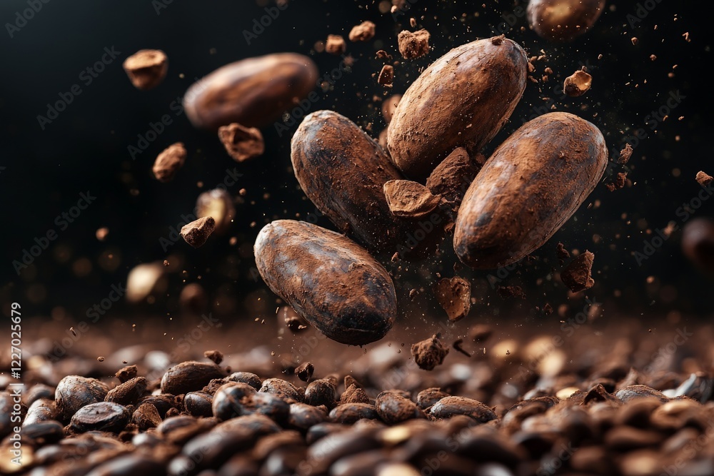 Poster dark roasted coffee beans scatter in an artistic display, showcasing their flavors and textures in a