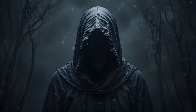 Silhouette fantomatique inqui&eacute;tante avec capuche sur fond noir.