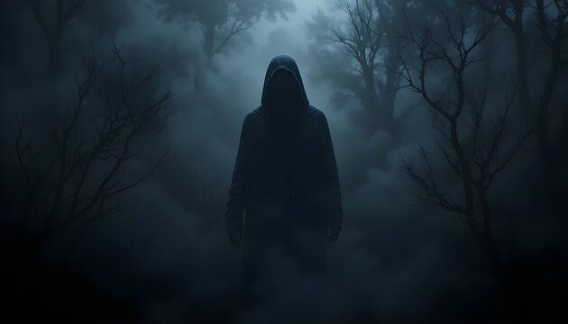 Silhouette fantomatique inqui&eacute;tante avec capuche sur fond noir.