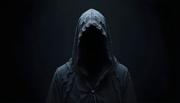 Silhouette fantomatique inqui&eacute;tante avec capuche sur fond noir.