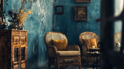 Vintage room with wooden furniture and textured walls