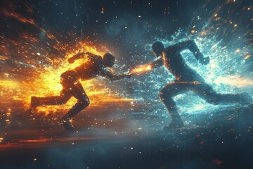 Fototapeta premium Dynamic clash between fiery and icy figures in an abstract representation of opposing forces in a colorful background