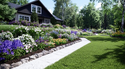 Obraz premium Landscaped garden path leading to house, sunny day